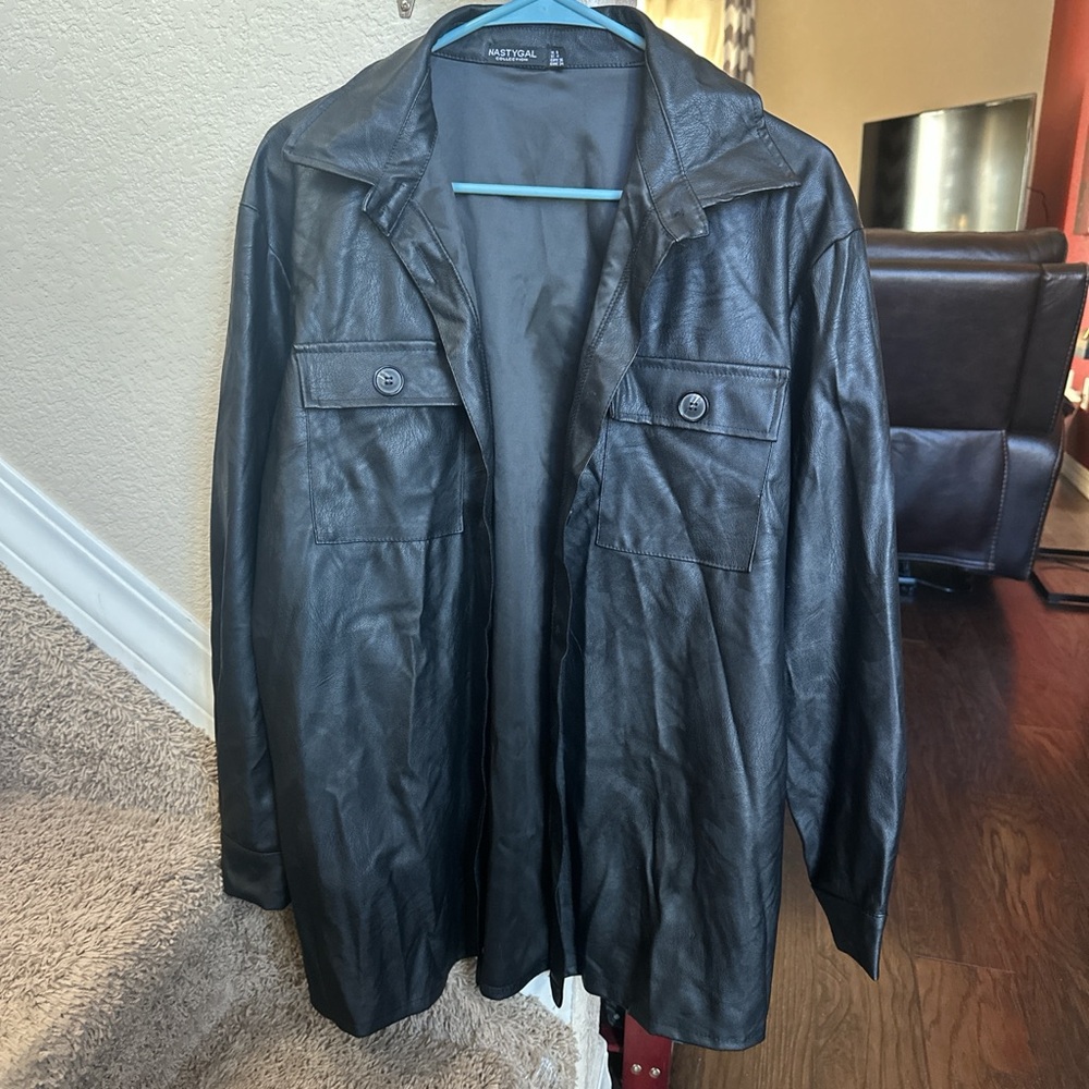 Nasty Gal Black Leather Shirt Jacket